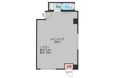 約36㎡のスペースに、横5.1m×縦1.8mの大型ミラーを完備。ダンススペースは約21㎡です。 - スタジオキビス小山店 ダンスができるレンタルスタジオ丨スタジオキビス小山店の間取り図
