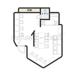 テーブル、ブース、カウンター席があります。イスは18脚。移動可能です。 - アルコワーキングの間取り図