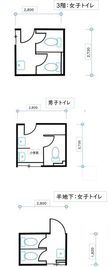 各階のトイレのレイアウトです - 三島カルチャー貸会議室・貸会議室 【D室】半地下ダンス 武道。広さ幅10㍍✖10㍍。２面鏡の間取り図