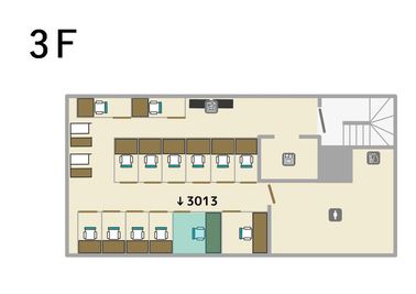 3階の各個室の配置図です。ご利用のお部屋番号をご確認のうえ、スムーズにご入室ください。 - ExeWorks上野 3013完全個室（大）の間取り図