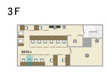 3階の各個室の配置図です。ご利用のお部屋番号をご確認のうえ、スムーズにご入室ください。 - ExeWorks上野 3010完全個室の間取り図