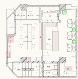 図面右手の店舗部分のみご利用可能です。隅田川は図面右手になります。オフィス部分のご利用希望がある場合はご相談ください。 - ReBAR バーカウンター付き飲食店の間取り図
