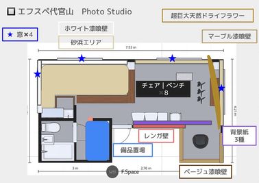 【間取り図】撮影動線を確認できる、詳細なレイアウト - エフスペ代官山｜代官山・恵比寿の自然光スタジオ 代官山・恵比寿の自然光スタジオ｜エフスペ代官山｜砂浜＆漆喰壁の間取り図