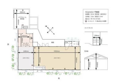 総面積：120㎡ （更衣室・庭を含む）
天井高：3.5m（梁高さ 2.5m）

館内3つのエリア＋中庭の路地がご利用いただけます。 - アンスピラシオン (Anspiration)  【土日祝 個人様限定】光に包まれた北欧の家｜5時間プランの間取り図