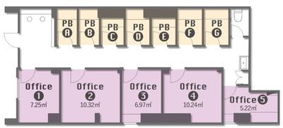 オフィス間取り図面です。オフィス5は入口から入って廊下を進み右手の5番目のお部屋です。 - YAMATO BASE 大和西大寺 オフィス（WEST） 【1名】オフィス5☆高速Wi-Fi無料！オフィスワークに最適の間取り図