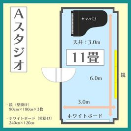 Aスタジオの間取り（約11畳・天井高3m）。ヤマハC3と、幅2.4mホワイトボード・大型鏡3枚の位置関係が分かります。 - コーダ音楽スタジオ クラシック向け防音スタジオ【Aスタジオ】の間取り図