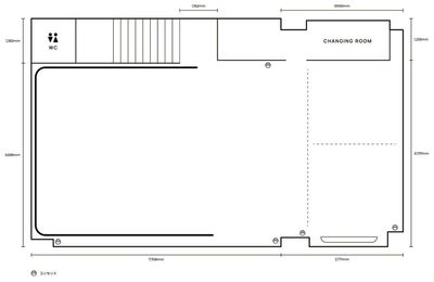 長方形の使いやすいスペースです。
カーテンで仕切ることも可能です。 - 桜新町 スタジオENTER 多目的撮影スタジオの間取り図
