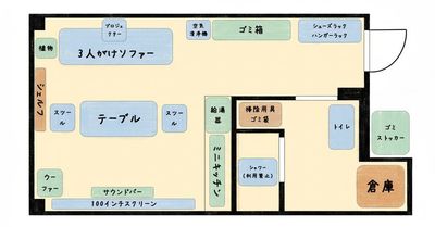 収容5人はスクリーン利用を想定しており、5人だと余裕のある広さです。
（スクリーンを使用しない用途で8人までを推奨） - Cinema Neon Pod / シネマネオンポッド秋葉原 小川町駅・淡路町駅・新御茶ノ水駅から2分の個室ワークルームの間取り図