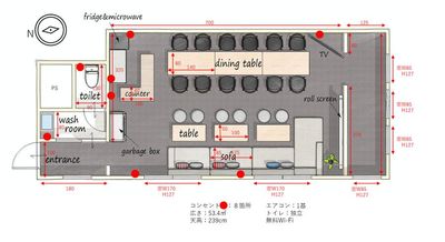 窓がロールスクリーン後ろ、ソファの後ろにあり、自然光はたっぷり入ります。テーブルなどのサイズやコンセント位置をご参照ください。 - レンタルスペース Limone(リモーネ）神田 レンタルスペースLimone(リモーネ)神田･大手町の間取り図
