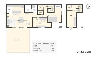 スタジオ図面 - UH STUDIO  駐車場無料の屋上バルコニーのあるハウススタジオの間取り図