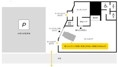 大きく➀レンタルキッチン、➁レンタルホールに分かれております。ご希望があれば施設ごとのレンタルも可能です。その際はお問い合わせより、一度ご相談ください。 - FOOD&Mobility Spot DoLIVE DoLIVE（レンタルホール）の間取り図