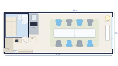 6.5m×2.5mの完全個室。最大12名で会議・研修・撮影に。モニター・ホワイトボード - 《gRoom武蔵小杉》レンタルスペースの間取り図
