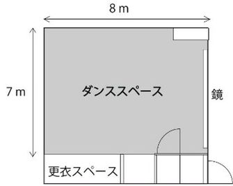 間取り図：8m×7mの長方形フロア。手前にカーテン仕切りの更衣スペースがあります。 - レンタルスタジオROOTS駒沢大学店 レンタルスタジオ(駒沢大学店)の間取り図