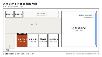 建物の1階です。スタジオ1を赤で示しています。 - スタジオイチコロ 個室スタジオ1｜8.65㎡・全身が映る鏡のレンタルスタジオの間取り図
