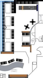 BOX席4名×1・6名×3・8名×1。ダーツ、男女別トイレ、段差付き司会カウンター。大型冷蔵庫・製氷機・カラオケ（マイク4本）完備。
 - luxury BAR Kawasaki【難波/心斎橋/日本橋】の間取り図