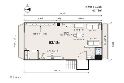 間取り図。６３．１８㎡のワンフロアで、天井高は２，２８６㎜です。 - KYOTO撮影スタジオStar ダンス・ヨガ練習プランの間取り図