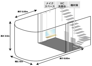 スタジオ面積：50㎡
撮影エリア面積：25㎡
三面ラウンド白ホリゾント
横幅：5.15ｍ
奥行：5.00ｍ
天井高：3.5ｍ - MISARU 撮影スタジオ&ギャラリー ALL機材Profoto・高さ3.5ｍ・3面R白ホリ・広さ50㎡の間取り図