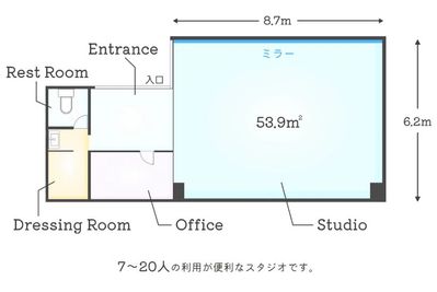 横に長く、奥行きもあるスタジオです。撮影でもレッスンでも使いやすい形となっております。 - レンタルスタジオ「STUDIO CDA SHIBUYA」 STUDIO CDA SHIBUYAの間取り図