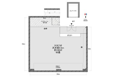 地下1階のフロアー、エレベータ目の前にスタジオの入り口、男女別のお手洗いが併設、水場のみがあります。スタジオのみのフロアーはプライバシーにも優れています。 - ワンクロ中目黒スタジオ レンタルスタジオ 多目的スペース 中目黒駅前の間取り図