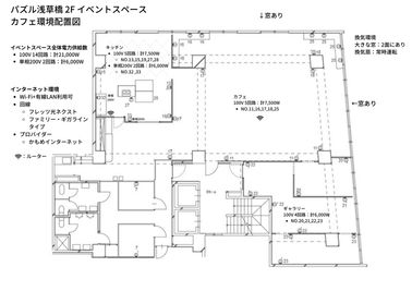 イベントスペース電源コンセント配置図 - レンタルスペース 　パズル浅草橋 カフェイベントスペース120㎡+キッチンスペース35㎡の間取り図