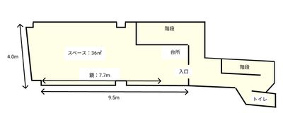 東京メトロ赤坂見附駅 徒歩1分
広さ：36㎡    幅9.5m × 奥4.0m
鏡：幅7.7m × 高さ2.0m - レンタルスタジオ HIKARI 赤坂 ダンス、ヨガ、演劇、撮影スタジオ、赤坂の間取り図