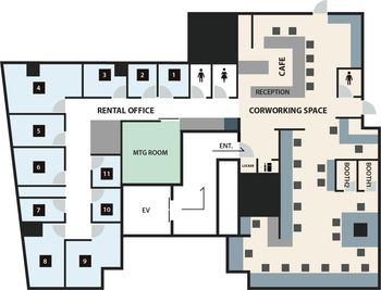 背景の青い3番のお部屋です。 - 聖蹟桜ヶ丘徒歩1分コワーキングスペースLILIC（リリク） 聖蹟桜ケ丘駅、東口から徒歩1分の貸切個室[OFFICE003]の間取り図