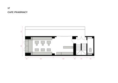 バーカウンター/机６個/椅子４脚/水場/キッチン完備/冷蔵庫 - THE A.I.R BUILDING 【1F】CAFE PHARMACYの間取り図