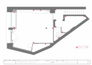 赤い印はコンセント箇所 - @PLACE (アットプレイス) 恵比寿の駒沢通りに面した路面店 ポップアップストアや展示会にの間取り図