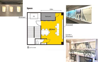 ショーケースが三箇所あり利用可能です。 - レンタルサロンアステリー銀座 レンタルスペース アステリー「銀座サロン」什器も利用可能の間取り図
