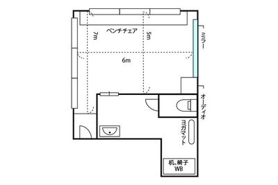 44㎡。ベンチチェアは動かすこと可能です！ - KOBE RENT SPACE Sスタジオ（2F）多目的スペースの間取り図