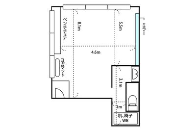 44㎡。Sスタジオより自由スペースが少し広め。 - KOBE RENT SPACE Aスタジオ（3F）多目的スペースの間取り図