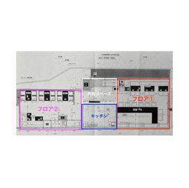 １階部分。フロア①、②、キッチンと分かれます。 - 千駄木露地 道路側フロア①＋奥側フロア②＋二階和室フロア③＋キッチンの間取り図