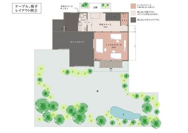 一軒家 【展示会利用】庭付きの古民家を改装した一軒家。キッチン、暖炉付きの間取り図