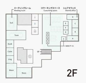 階段を上がっていただくと正面が受付です。Calmは受付の後ろに位置するお部屋で、右からも左からも行くことができます。 - Connect291 -コネクト291- ミーティングルーム Ling（4名部屋）の間取り図