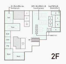 階段を上がっていただくと正面が受付です。Calmは受付の後ろに位置するお部屋で、右からも左からも行くことができます。 - Connect291 -コネクト291- ミーティングルーム Ling（4名部屋）の間取り図