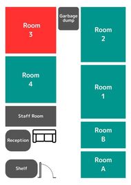 こちらのお部屋は廊下の奥、左側にある『Room3』です。 - SPHYNX スフィンクス 新宿 新宿 Room 3（1~4人用）の間取り図