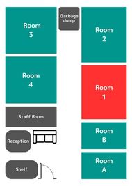 こちらは廊下の途中、右側にある『Room 1』です。 - SPHYNX スフィンクス 新宿 新宿 Room 1（1~2人用）の間取り図