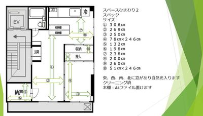 スペースの採寸と間取り図です - ひまわりスペース２ スペースひまわり２！５９㎡エアコン３台と納戸付きレンタルスペースの間取り図