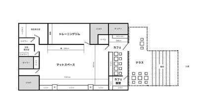 キネティックアーツ渋谷の間取り図です。
エントランスはテラス付カフェ。広々としたマットスペースは、壁の片面がソファ、片面が鏡。男女別の更衣室もございます。 - キネティックアーツ渋谷 【渋谷駅徒歩５分】カフェ＆フィットネス施設まるっと✨撮影などにの間取り図