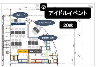 アイドルイベントなどの
食事+イベントのレイアウト例
・バックスペースで待機、お着換え
・２ショットスペースでチェキ撮影など可能
（レースのカーテンで目隠し） - メトロシティ小伝馬町２０２　Ｃｒａｆｔ　ｄｉｐ　３ｎｏｗａ 日本橋小伝馬町　Craftdip 3nowa　レストランカフェ　の間取り図