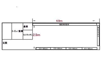 ワンルーム（2.5m×4.9m）は1～2名のご利用に最適です。 - レンタルスタジオ Ten(テン) - B Bright新宿303の間取り図