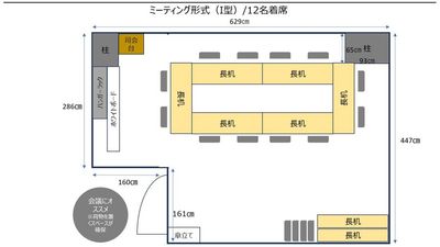ミーティング形式（I型）12名着席。出席者の荷物が多い場合にオススメ - 【新大阪】セミナーや研修に◎貸会議室・レンタルスペースCota 【徒歩4分】会議や研修に使えるおしゃれなオフィスビルの多目的空間の間取り図