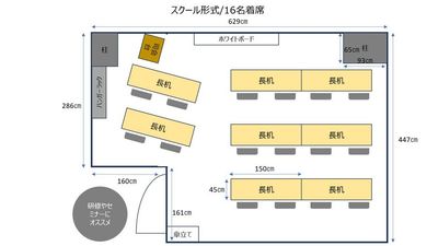 スクール形式16名着席。研修やセミナーにオススメ - 【新大阪】セミナーや研修に◎貸会議室・レンタルスペースCota 【徒歩4分】会議や研修に使えるおしゃれなオフィスビルの多目的空間の間取り図