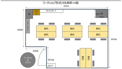 ワークショップ形式16名着席（4人掛け×4島）※基本のレイアウトです - 【新大阪】セミナーや研修に◎貸会議室・レンタルスペースCota 【徒歩4分】会議や研修に使えるおしゃれなオフィスビルの多目的空間の間取り図