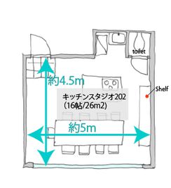 尼崎レンタルスタジオ「ソレイユ」 キッチンスタジオ202の間取り図