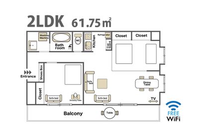 広々としたリビングのある2LDKのお部屋です。 - Namba-studioの間取り図