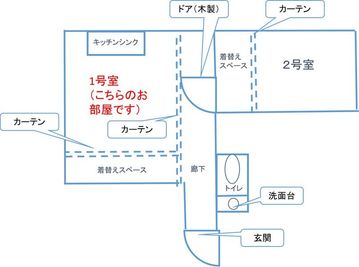 間取りは、１つの居室を、カーテンとドアで区切って２部屋（１号室と２号室）で使用する形式です。 - レンタルサロンLapis高田馬場 Lapis高田馬場1号室の間取り図