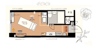 カーテンで仕切られたお着替スペース有ります - 《ココ.ベース》C 《＆CoCo》ココベースが運営するレンタルサロンの間取り図
