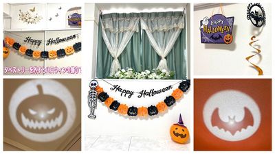タペストリーを外すと、ハロウィンの飾りがしてあります🎃
横の出窓棚にクリップ付けてあるので、模様替え可能。 - aster 名古屋名駅 5分笹島店 オープン価格｜商用利用可 名駅５分 駅近 ｜サロン｜ワークスペース｜推し活の室内の写真