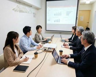 プロジェクタースクリーンに映して会議行えます。
(70インチプロジェクタースクリーン・プロジェクター有り) - TSUBAKI横浜 TSUBAKI横浜スペースの室内の写真